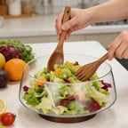 Extra Large 3.8QT Glass Salad Bowl Set, 3600ml Clear Serving Bowl with Acacia Wood Base & Wooden Utensils - Decorative Mixing Bowl for Kitchen, Party, Thanksgiving - Elegant Wooden Salad Bowl