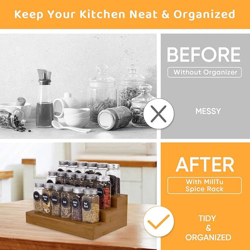 Bamboo Spice Rack Organizer for Cabinet 3 Tier Countertop Step Spice Shelf for Kitchen Storage and Organizer (Brown - 2 Pack)