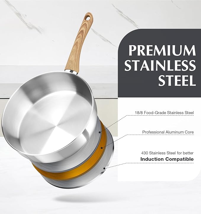 KOCH SYSTEME CS Stainless Steel Saute Pan 12 Inch, 6 Quart Deep Frying Pan with Lid, 18/10 Stainless Steel Saute Pan with Cool-Touch Bakelite Handle, Deep Fry Pan, Induction Ready