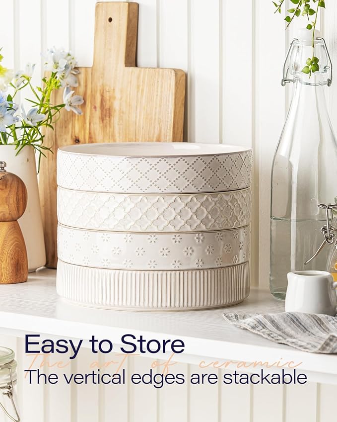 getstar 7.5" Ceramic Pasta Bowls Set of 4, Deep Stoneware Salad Plates Pasta Plates Shallow Bowls for Serving Soup Dinner, Microwave & Dishwasher Safe, Textured Stripes & Speckled White