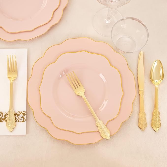 NOCCUR 175PCS Pink Plates with Gold Disposable Silverware - Include 50 Pink Plastic Plates,25 Knives,25 Forks,25 Spoons,25 Cups and 25 Napkins - Ideal for Party/Wedding/Mother's Day