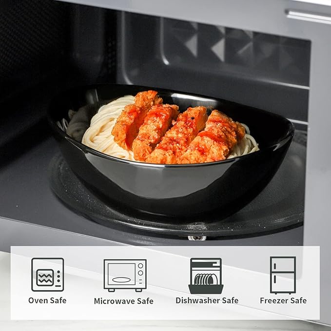 HASENSE 4Pcs Serving Bowls & Salad Bowls Set – 28oz Ceramic Mixing Bowls, Microwave & Dishwasher Safe, Stackable for Space-Saving – Ideal for Pasta, Fruit, Side Dishes, Soup, Black