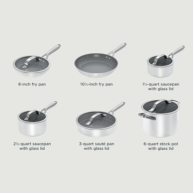 Ninja Ceramic Pro 11-Piece Cookware Set, Non-Stick Pots & Pans Set with Glass Lids, Nontoxic, PTFE Free, Ceramic Coated, Oven Safe, All Stovetops & Induction Compatible, Steam White, CW39011WH