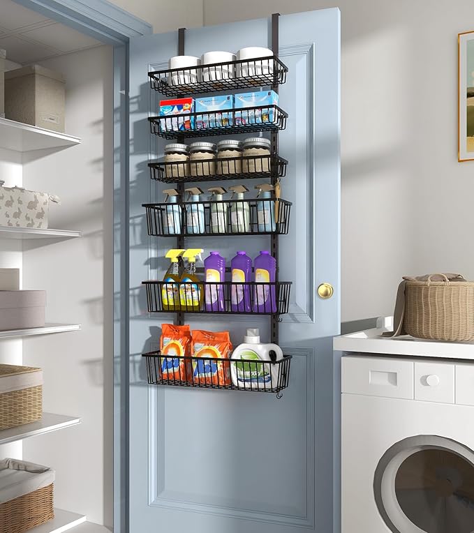Over The Door Pantry Organizer, Pantry Organization and Storage, 8-Tier Deep Baskets Hanging Heavy-Duty Metal, Wall Spice Rack Seasoning Shelves for Home & Kitchen, Laundry Room Bathroom, Black