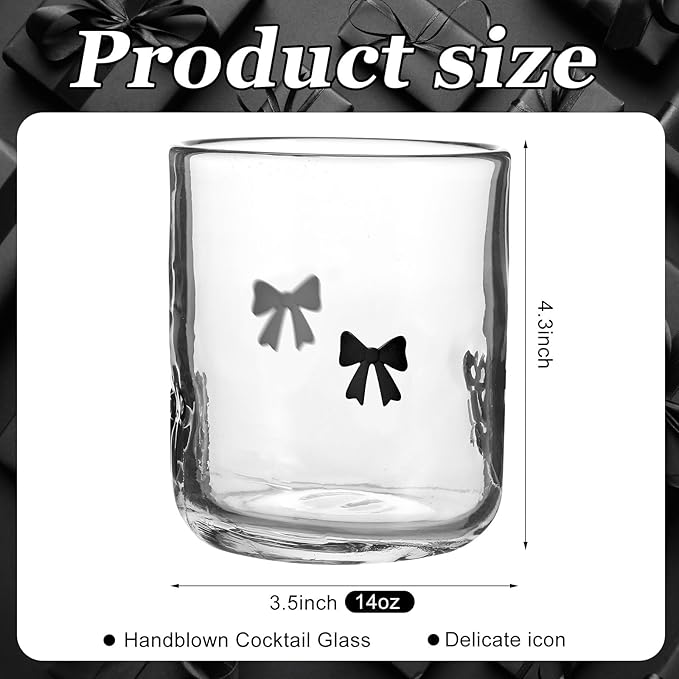 Skylety 2 Pack Bow Icon Juice Glasses, 14 oz Stemless Glass Cups, Coquette Black Bow Juice Cocktail Wine Coffee Drinking Cups for Gift Engagement Wedding Anniversary Valentines Present Party Supplies
