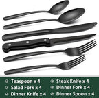 EWFEN 24-Piece Black Silverware Set with Steak Knives, Black Flatware Set for 4, Food-Grade Stainless Steel Tableware Cutlery Set, Mirror Finished Utensil Sets for Home Restaurant, Heavy Duty