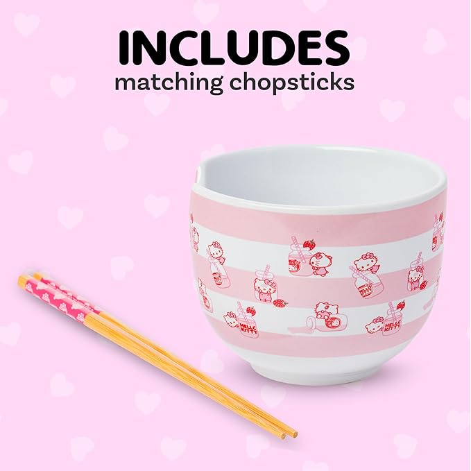 Silver Buffalo Sanrio Hello Kitty Strawberry Milk Pattern Ceramic Ramen Noodle Rice Bowl with Chopsticks, Microwave Safe, 20 Ounces