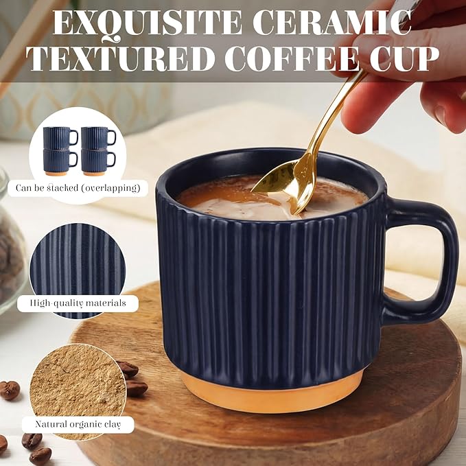 6 Set Ceramic Coffee Mugs with Spoons Set, Textured Ceramic Mugs with Handle, Dishwasher Microwave Safe, Aesthetic Tea Mug for Home Office, Coffee Lover Gift (Dark Blue)
