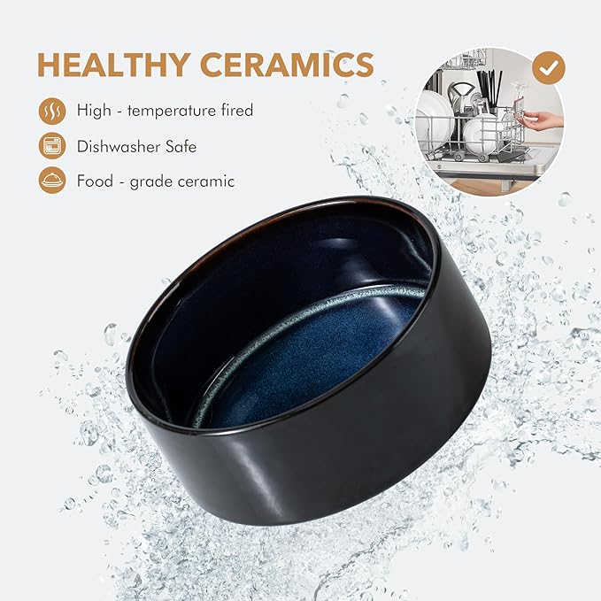 Havniva Ceramic 8.2inch Raised Double Dog Bowls Set with Acacia Wood Stand, Food & Water Bowls for Large Breed Dogs, Weighted Pet Dishes(60oz, Starry Sky)