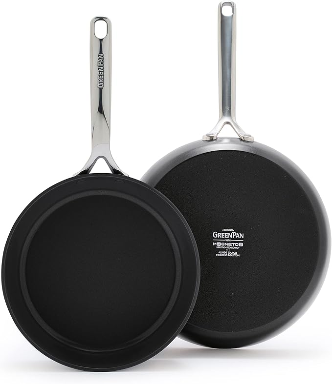 GreenPan 9.5” & 11” Ceramic Nonstick Frying Pan Skillet Set, PFAS-Free, Hard Anodized Cookware, Induction Compatible & All Cooktops, Dishwasher & Oven Safe, GP5 Stay-Flat Surface, Black