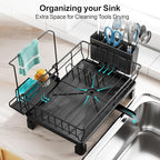 GSlife Small Dish Drying Rack for Kitchen Counter with Sponge Holder - Compact Dish Drainer for RV, Camper and Apartment, Rust-Resistant Wire Rack with Drainboard & Utensil Holder (Black)