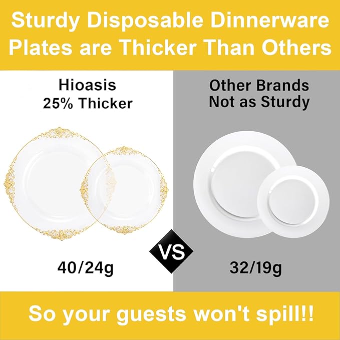 Hioasis 300pcsClear and Gold Plastic Plates - Disposable Dinnerware Set Perfect for 50 Guests include 50 Dinner Plate, 50 Dessert Plate, 50 Forks,50 Spoons, 50 Knives, 50 Cups (NO Napkins Included)