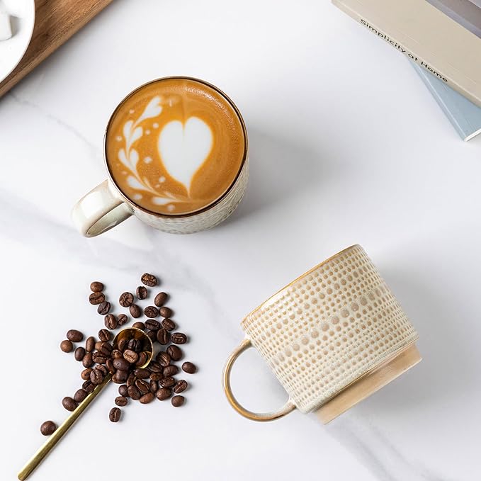 GBhome 12OZ Stackable Coffee Mugs, Ceramic Coffee Mugs with Texture Patterns for Man,Woman,Dad,Mom, Modern Coffee Mugs Set of 4 for Latte/Cappuccino/Cocoa. Dishwasher&Microwave Safe
