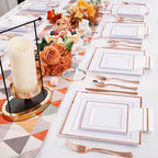 Festiva 350Pcs Rose Gold Plates and Napkins Party Supplies-Square White and Rose Gold Disposable Dinnerware include Plates Cups Cutlery Napkins for 50 Guests Wedding &Mother's Day&Birthday Party