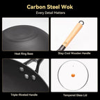 WANGYUANJI Carbon Steel Wok Pan - 12.6 Inch Flat Bottom Iron Wok, Woks & Stir-Fry Pans, Carbon Steel Pan for Induction Cookware and Gas Stoves