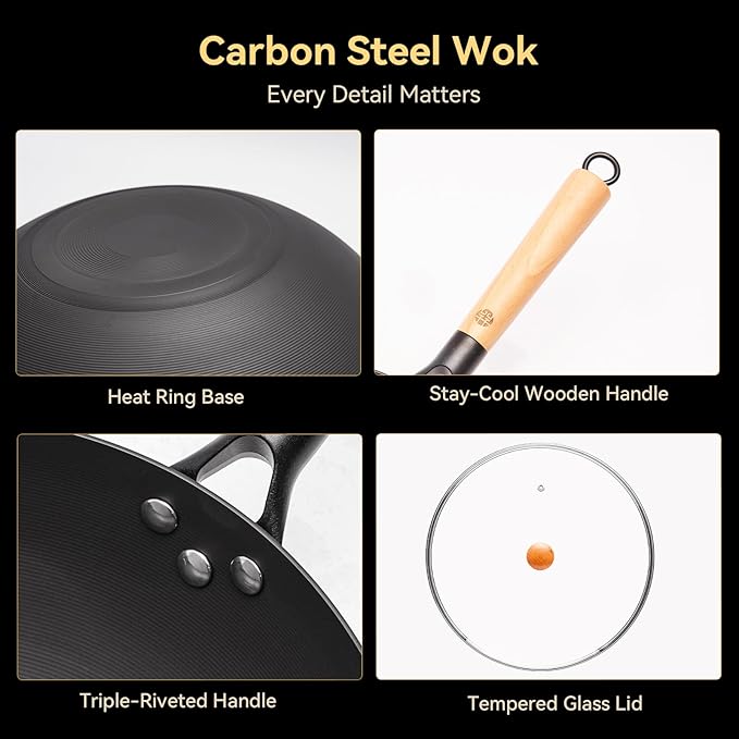 WANGYUANJI Carbon Steel Wok Pan - 12.6 Inch Flat Bottom Iron Wok, Woks & Stir-Fry Pans, Carbon Steel Pan for Induction Cookware and Gas Stoves