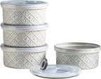 Ceramic Souffle Small Baking Dishes for Oven, 16oz Charcuterie Bowls Creme Brulee Ramekins Set with Lids, Pudding Custard Cups Snack Dipping Bowls Set of 4, Beige