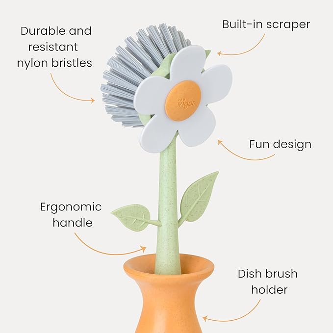 Vigar Florganic Daisy-Shaped Dish Brush with Vase Dish Brush Holder, Dish Brush with Handle, for Pot Scrubber, Kitchen Dishes, and Sink Cleaning, Orange