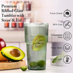 4PCS Green Ribbed Glass Cups with Lids and Straws, 20oz Vintage Drinking Glasses, Aesthetic Iced Coffee Cups, Glass Tumbler for Boba, Beer, Tea, Cocktails, Green Ribbed Glassware Set