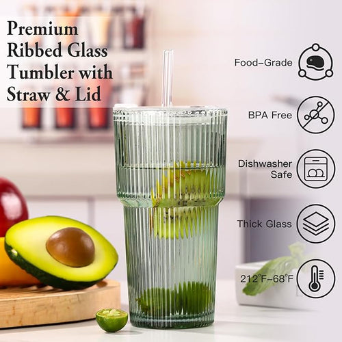 4PCS Green Ribbed Glass Cups with Lids and Straws, 20oz Vintage Drinking Glasses, Aesthetic Iced Coffee Cups, Glass Tumbler for Boba, Beer, Tea, Cocktails, Green Ribbed Glassware Set
