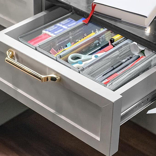 4PCS Drawer Organizer for Kitchen,Utensil Mesh Drawer Organizer with Interlocking Arm for Cosmetic,Flatware,Pen (12 * 3 * 2 Inches,Grey)