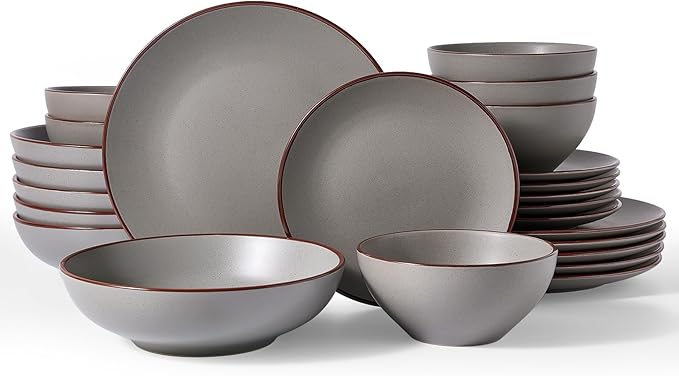 Famiware Venus Speckled Dinnerware Set, 24-Piece Stoneware Dishes for 6, Matte Dark Gray - Includes Pasta Bowls & Dinner Plates for Everyday Meals or Formal Dining, Microwave & Dishwasher Safe