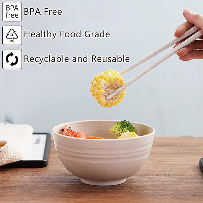 Unbreakable Wheat Straw Cereal Bowls Set of 4, 24 OZ Microwave and Dishwasher Safe Lightweight Soup and Salad Bowl Sets, Reusable Dessert Bowls for Rice, Pasta, Snack, Fruit, BPA Free (Beige)