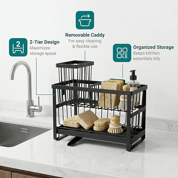 2-Tier Sink Sponge Caddy Organizer | Self Drain Sink Caddy with Dish Brush Holder | Non Toxic Kitchen Sink Accessories for Sponges, Brushes & Soap (Black)