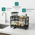 2-Tier Sink Sponge Caddy Organizer | Self Drain Sink Caddy with Dish Brush Holder | Non Toxic Kitchen Sink Accessories for Sponges, Brushes & Soap (Black)