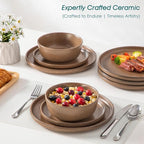 vancasso ZERMATT Stoneware Dinnerware Set for 8, 24 Pieces Plates and Bowls Sets for Kitchen, Reactive Glaze Dishes Set for 8, Dishwasher & Microwave Safe, Brown