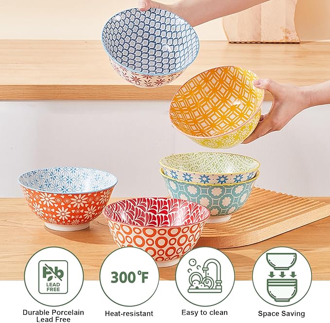 AntoKueh 23 OZ Colorful Large Ceramic Bowl Set of 6 6 inch Deep Porcelain Cereal Bowls for Salad, Soup, Snack and Rice，Dishwasher/Microwave safe