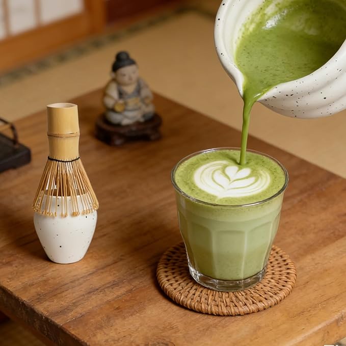 Matcha Whisk Set 8Pcs, Ceramic Japanese Tea Handmade Speckled Bowl Kit, Ceremony Starter Making Gifts, Boho Complete Fellow Matcha Tools Accessories with Spout Spoon Chasen Holder Sifter Tea Cloth