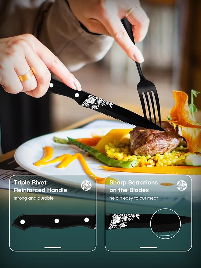 Stapava 24 Pcs Black Silverware Set with Steak Knives for 4, Stainless Steel Flatware Cutlery Set, Include Forks Spoons and Knives set, Mirror Polished, Dishwasher Safe Utensils for Home Restaurant