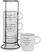 Signature Housewares Stackable Coffee Mug Tower Set with Metal Wire Rack - 15 Ounce Coffee Mugs for Coffee, Tea, Cocoa, Milk, Cappuccino, Hot Chocolate Set of 4 - Inspirational Bible Verses