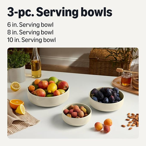 Amazon Basics Glazed Stoneware Serving Bowls, 3-Piece Set, Dishwasher-Safe, Microwave-Safe, Freezer-Safe, Stain-Resistant, Ivory