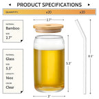 VITEVER [ 20pcs Set ] Glass Cups with Bamboo Lids and Glass Straw - Beer Shaped 16 oz Iced Coffee Drinking Glasses, Cute Tumbler Cup for Smoothie, Boba Tea, Whiskey, Water