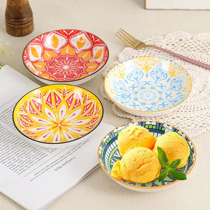 Small Bowls - Ice Cream Dessert Bowl 8.5 oz - Ceramic Bowl Set of 6 - Colorful Shallow Bowl for Side Dish | Snack | Appetizer - Microwave and Dishwasher Safe - 5.5 x 1.3 Inches