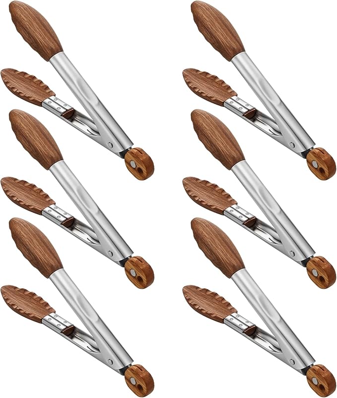 Honeydak 6 Pcs Walnut Wooden Kitchen Tongs 7 Inch Kitchen Stainless Steel Salad Tongs with Walnut Wood Tip Cooking Utensils Set for Serving Food Grilling Buffet Wedding Party Vintage Style Tableware