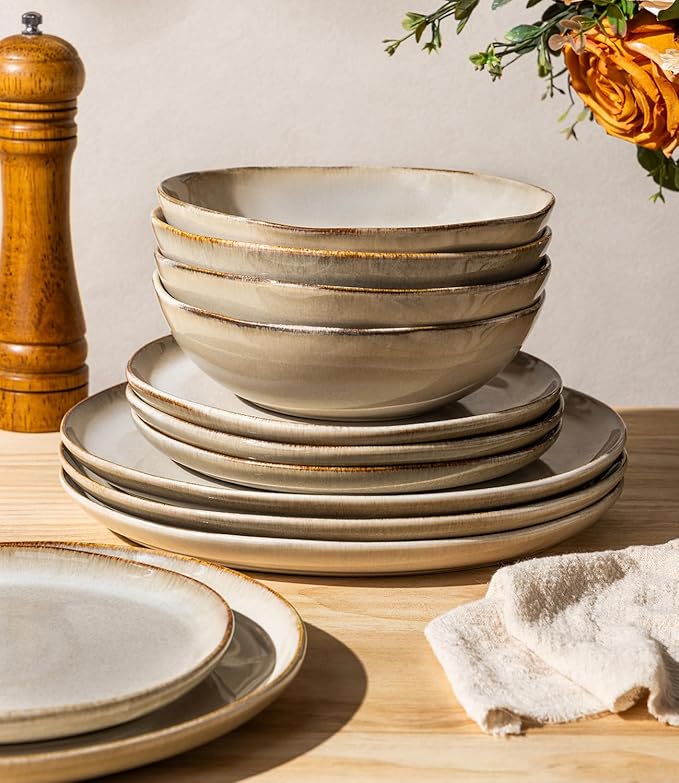 GBHOME Stoneware Dinnerware Sets for 6, 18 Pieces Rustic Ceramic Plates and Bowls Set, Handmade Reactive Glaze Plate Sets, Highly Chip Resistant Dishes, Microwave & Dishwasher Safe, Oatmeal Linen