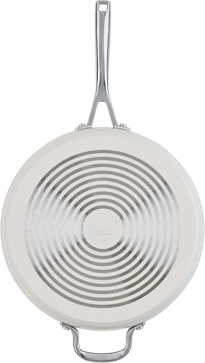 KitchenAid Hard Anodized Ceramic Induction Nonstick Cookware Saute Pan/Jumbo Cooker with Lid and Helper Handle, Dishwasher Safe, 5 Quart Sauteuse with Stainless Steel Handles - Porcelain White