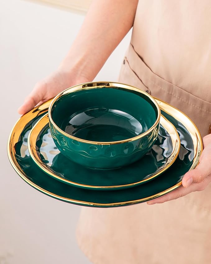 LOVECASA 12 Pieces Plates and Bowls Sets, Porcelain Green and Gold Dinnerware Sets, Round Dinner Plates Dishes Set Service for 4, Dishwasher Safe and Scratch Resistant, Green