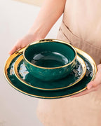 LOVECASA 12 Pieces Plates and Bowls Sets, Porcelain Green and Gold Dinnerware Sets, Round Dinner Plates Dishes Set Service for 4, Dishwasher Safe and Scratch Resistant, Green