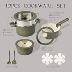 CAROTE Pots and Pans Set Nonstick, Ceramic Cookware Set with Detachable Handles, 5.5QT/3QT/2QT Non stick Stock Pot, Non-toxic Induction Cookware PFAS and PFOA Free, Olive Gree