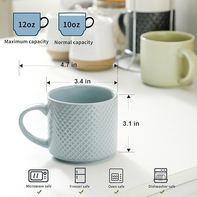 HASENSE 12 OZ Coffee Mugs Set of 4, Stackable Ceramic Coffee Mugs with Metal Stand, Embossed Coffee Cups for Latte, Cappuccino, Mocha, Cocoa, Hot Tea and Milk, Multi Color