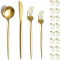 Evanda Gold Silverware Set 64 Piece Service for 16, Titanium Gold Plated Stainless Steel Flatware Set, Knives Forks Spoons Cutlery Set for Wedding, Parties, Birthday, Restauroom, Dishwasher Safe