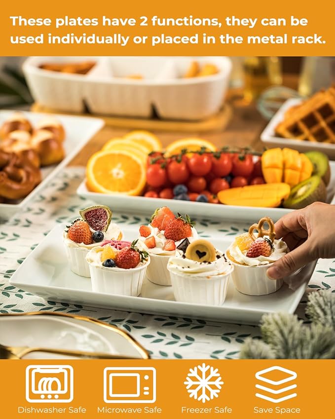 LAUCHUH 3 Tier Serving Tray for Party, Porcelain Tiered Serving Tray Stand Collapsible Sturdier Metal Rack Fruit Tray with 2 Cross Bars for Mother's Day Dessert Party Display Set, 12 Inch, Bronze
