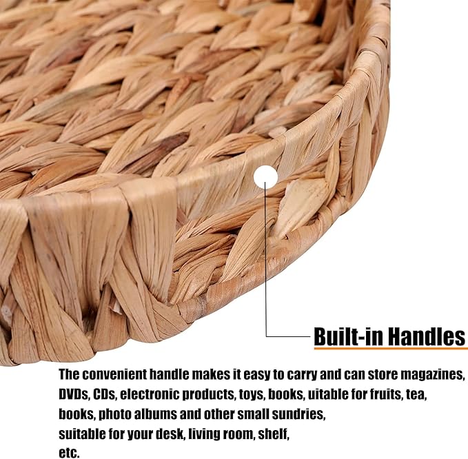 Round Woven Coffee Table Ottoman Tray with Handles - 11.8" x 1.9" Water Hyacinth Wicker Serving Tray, Decorative Storage Basket for Home & Kitchen.