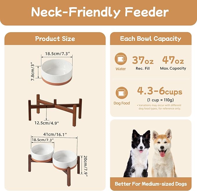 Havniva Ceramic 7.3inch Raised Double Dog Bowls Set with Acacia Wood Stand, Food & Water Bowls for Medium Breed Dogs, Weighted Pet Dishes(41oz, Vanilla White)