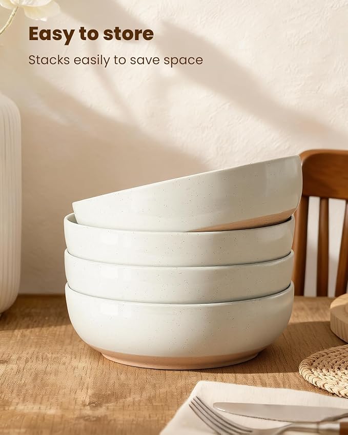 Metflavor Pasta Bowls Set of 8, 34oz Speckled Ceramic Bowls Set for Serving Salad, Pasta, Soup, Dinner, 8" Wide and Deep Bowls, Dishwasher & Microwave Safe, Matte Terracotta Base (Warm White)