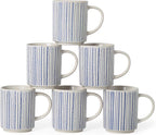 Ceramic Mugs Set of 6, Modern 17oz Coffee Mugs, Stackable Coffee Cups with Handpainted Blue Stripe Pattern, Dishwasher and Microwave Safe Mugs for Home & Office